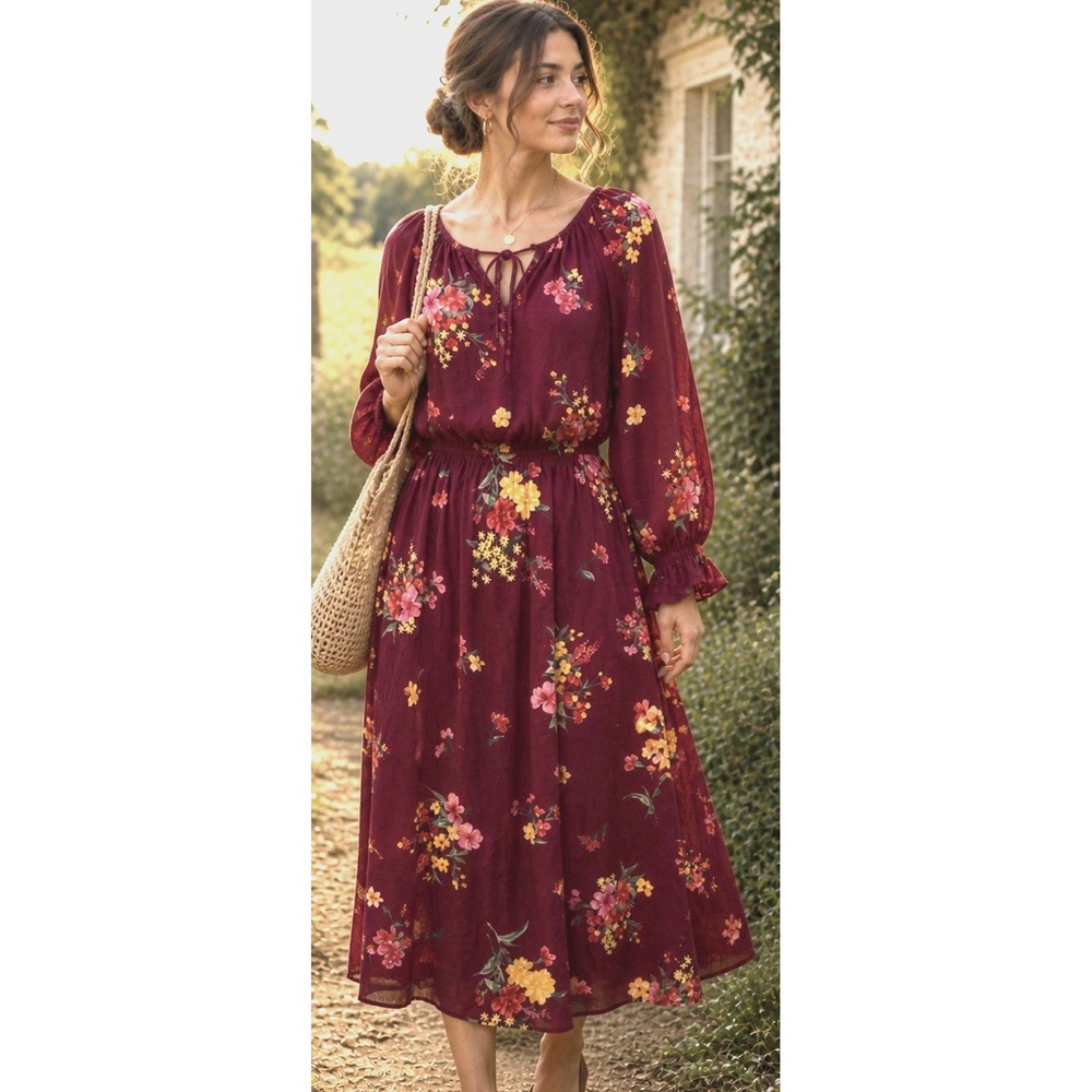 Old Navy Floral Peasant Midi Dress Size L Cottagecore Boho Prairie Feminine